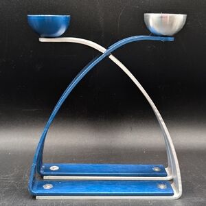 Arie Ofir Modern Brushed Aluminum Candle Sticks, Blue & Silver, Israeli Artist